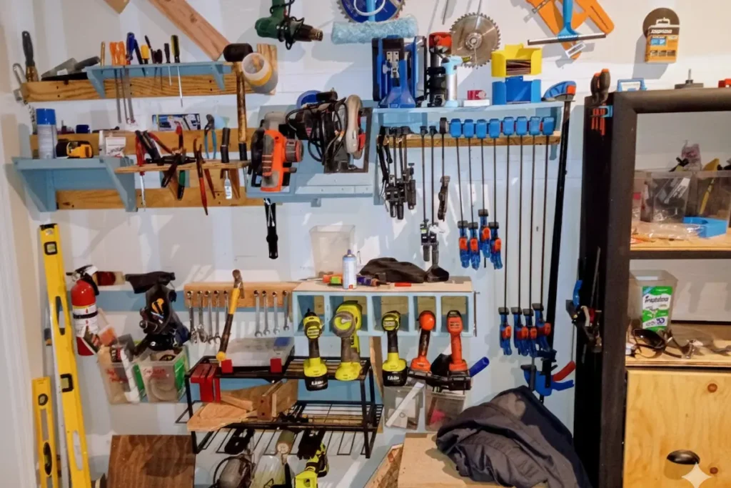 Vertical tool storage and French cleat system in a garage shop.