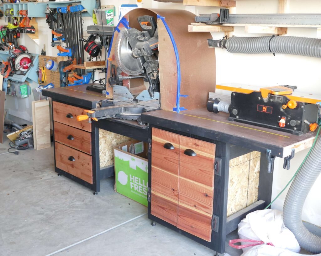 Workbench with compound miter saw on it