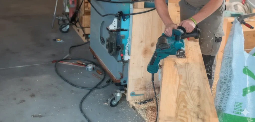 Heavy duty locking casters on a mobile woodworking workbench.