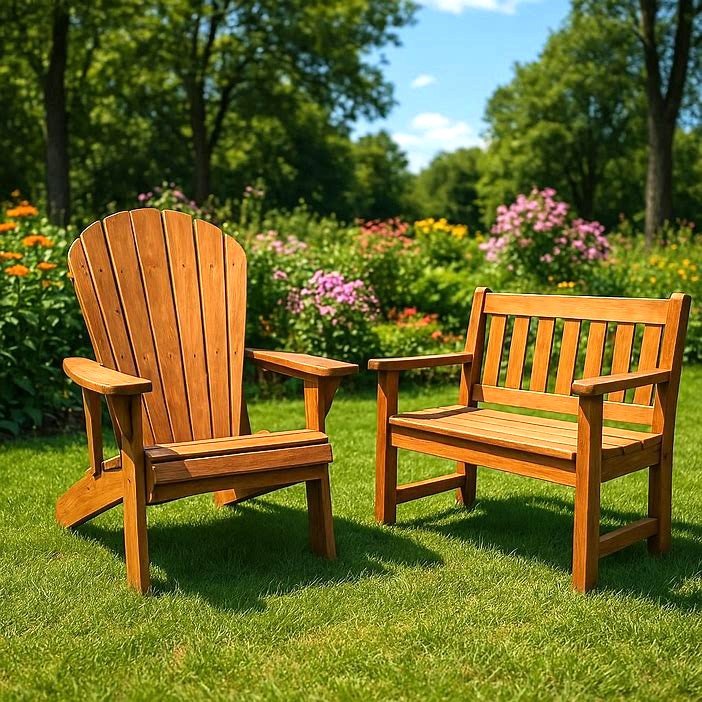 Adirondack Chair and bench in the garden