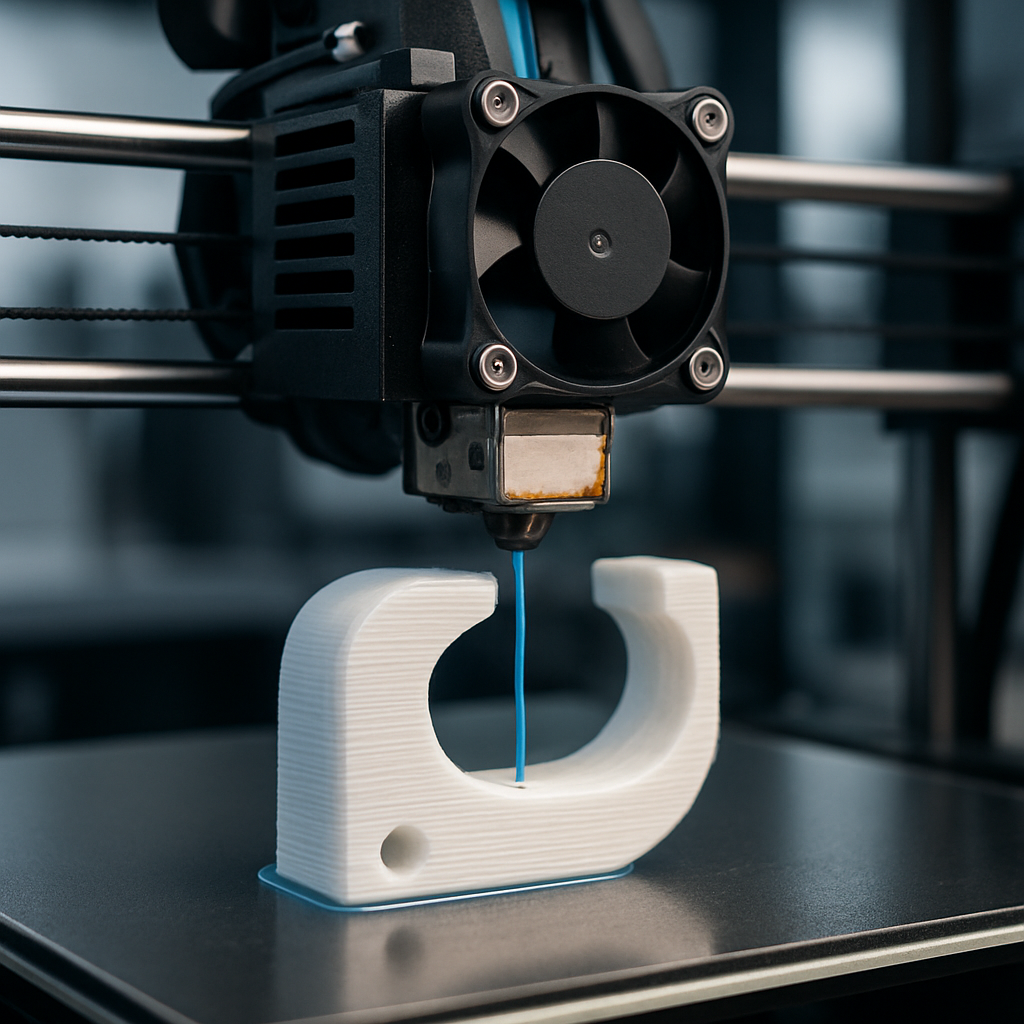 closeup 3d printer head printing a clamp