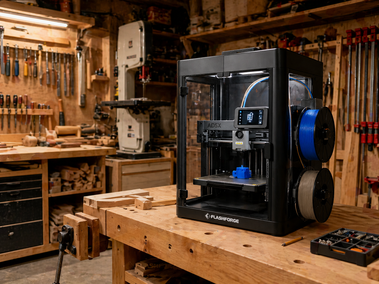 FlashForge AD5X 3D printer with enclosure kit on a workbench in a small garage woodworking shop